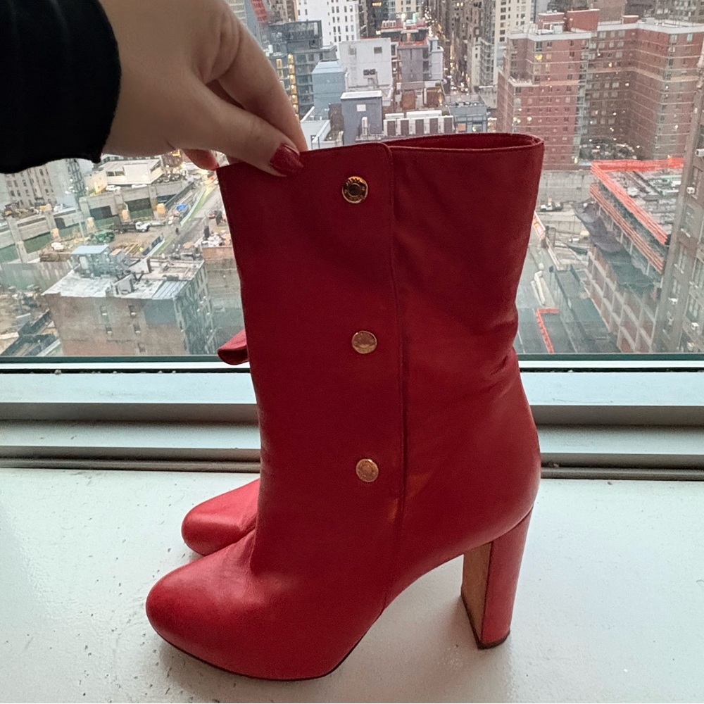 Red Mid-Calf Block Heel Women's Boots